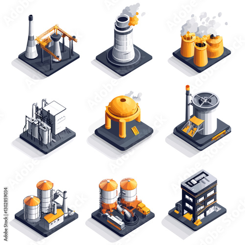 Isometric Industrial Plant Icons of Chemical and Oil Factory Buildings