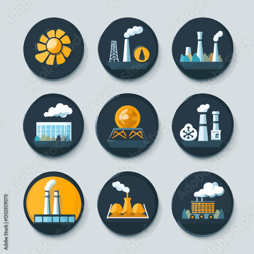 Industry Icons Representing Energy Production and Industrial Processes
