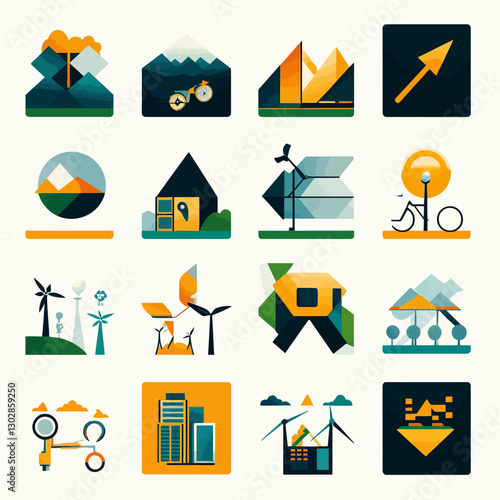 Sustainable Living Icons Depicting Renewable Energy and Modern Eco-Friendly Life