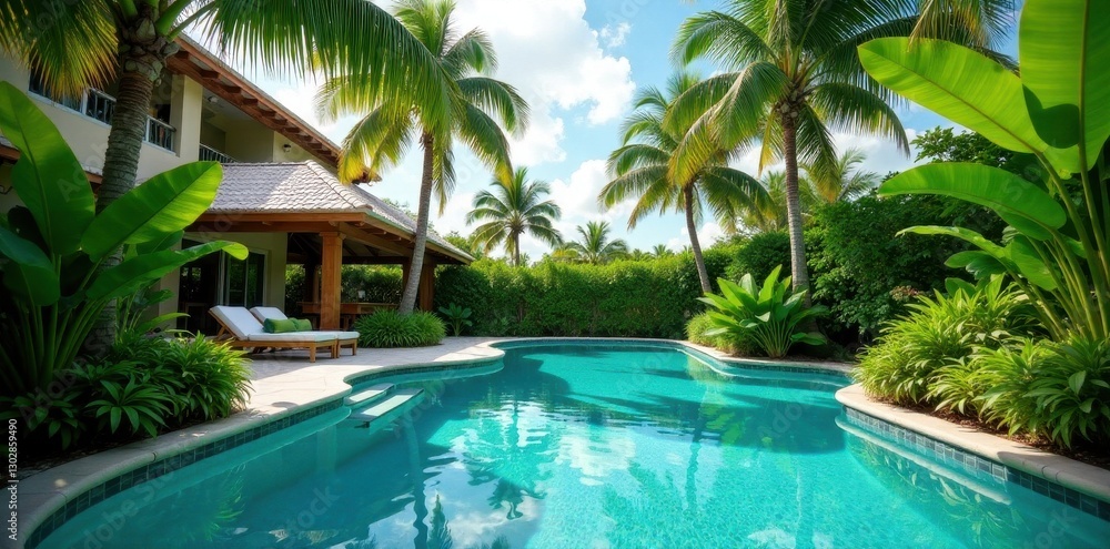 Fototapeta premium Lush tropical foliage frames a sparkling Florida pool , paradise, clean