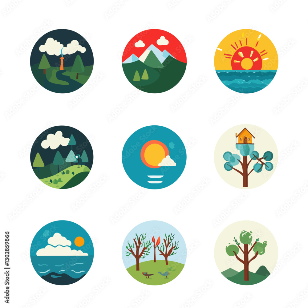 Diverse nature landscapes and scenes in charming, colorful cartoon icons Diverse nature landscapes and scenes in charming, colorful cartoon icons