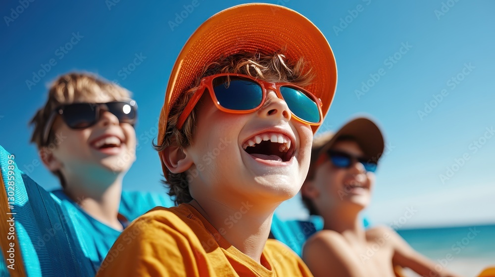 Three children enjoying a sunny beach day, with bright expressions and synchronized laughter, embodying the essence of friendship and carefree summer fun. Three children enjoying a sunny beach day, with bright expressions and synchronized laughter, embodying the essence of friendship and carefree summer fun.