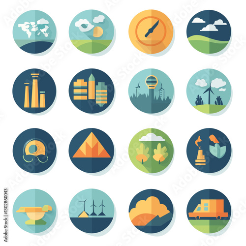 Energy Icons Vector Set, World Map, Sunrise, Wind Turbines, Factory, Car