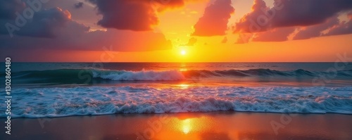 Orange sun dips below horizon, small wave breaks gently on sand, ocean, shore