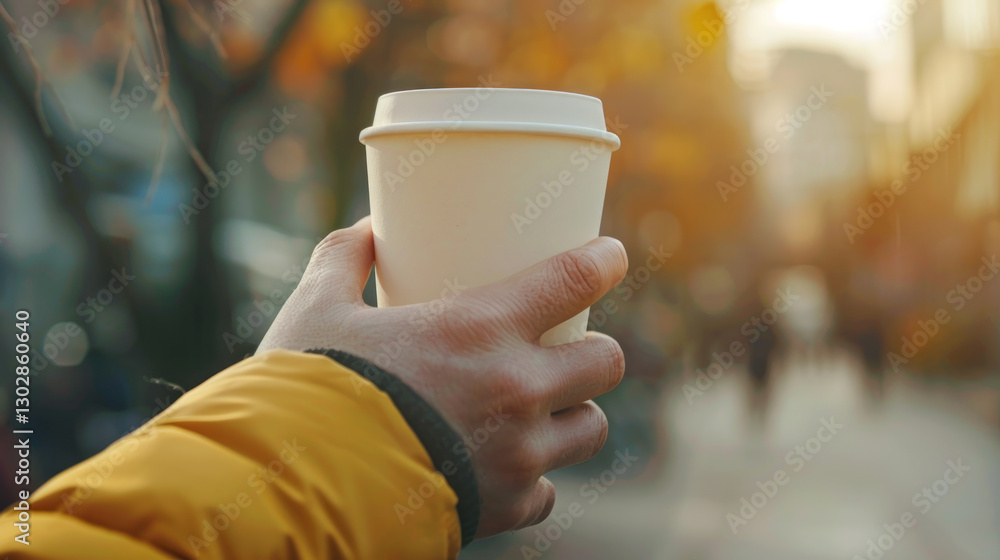 hand hold coffee mock up on the city in the morning with blurred background hand hold coffee mock up on the city in the morning with blurred background