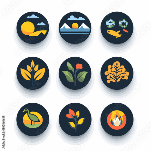 Nature and Elements Icons Set: Sun, Mountains, Plants, Fire, Bird, Fish