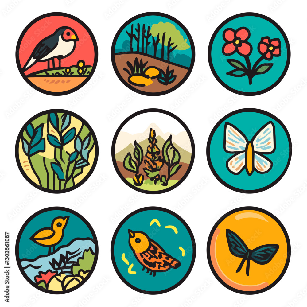 Assorted nature illustrations featuring birds, flowers, and butterflies Assorted nature illustrations featuring birds, flowers, and butterflies