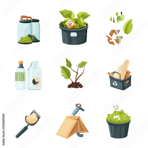 Recycling and Composting Icons Representing Waste Management and Sustainability