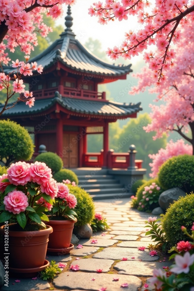 Potted cherry blossoms and azaleas bloom near Asian pagoda Sunlit garden scene , leaves, cherry blossom, garden Potted cherry blossoms and azaleas bloom near Asian pagoda Sunlit garden scene , leaves, cherry blossom, garden