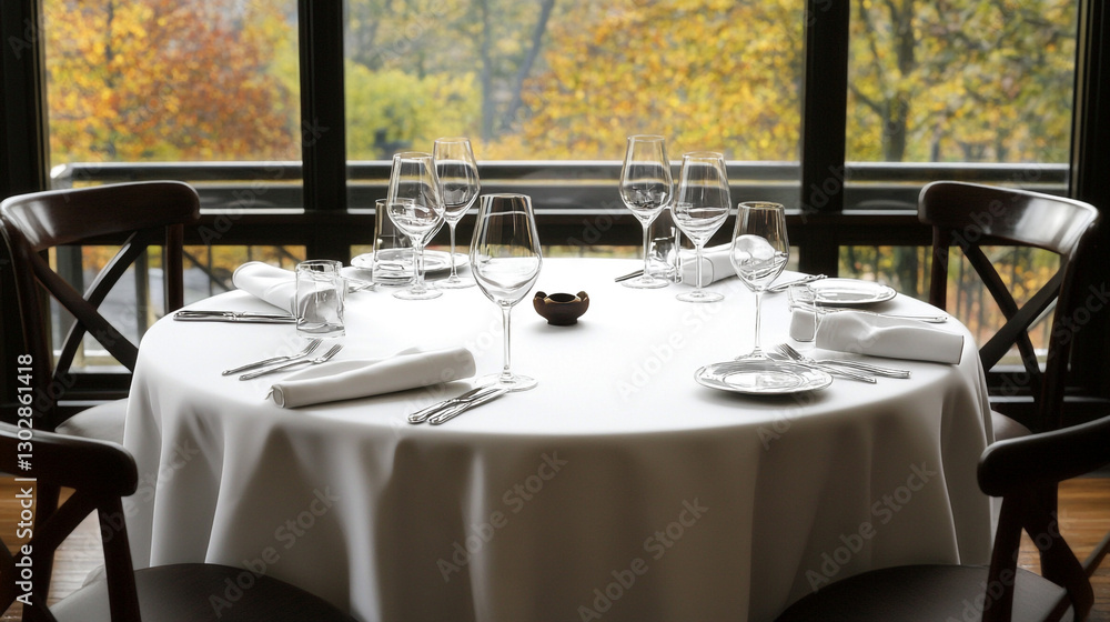 Elegant Restaurant Table Setting with Autumnal View Fine Dining White Linen Glassware Elegant Restaurant Table Setting with Autumnal View Fine Dining White Linen Glassware