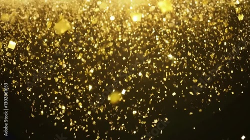 A mesmerizing animation of golden confetti gracefully falling against a deep black background, shimmering and twinkling as it descends, creating a luxurious and festive atmosphere.