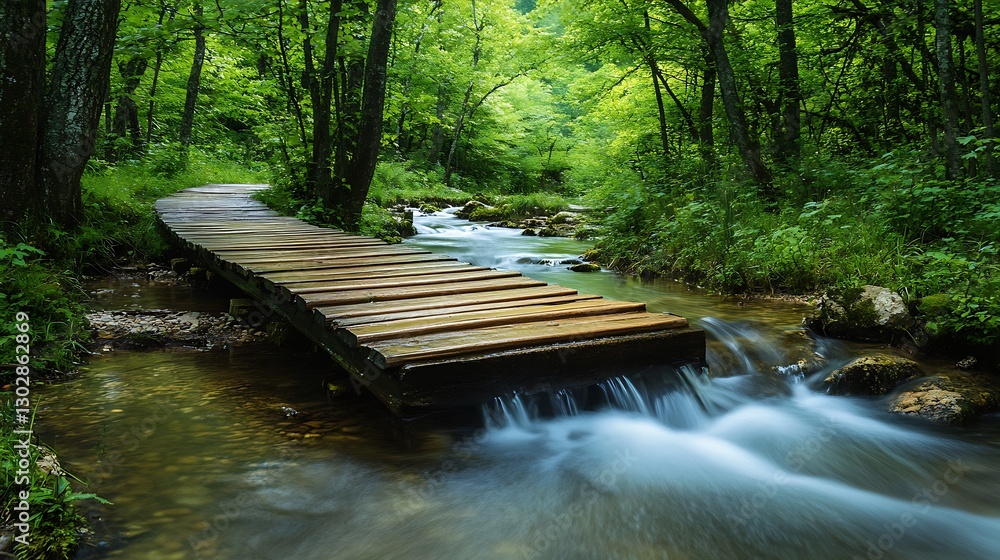 Fototapeta premium Lush green organic pathway bridge over natural stream in serene forest landscape