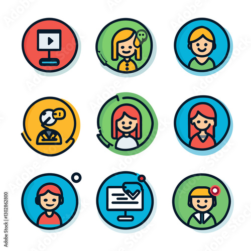 Animated avatars in circles represent diverse online interactions