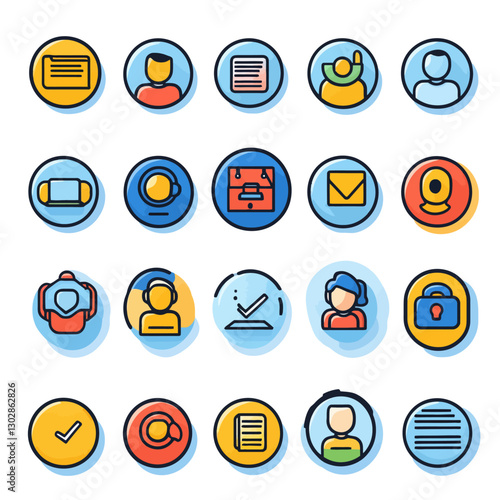 Business and Communication Icon Set: Team, Email, Webcam and Document