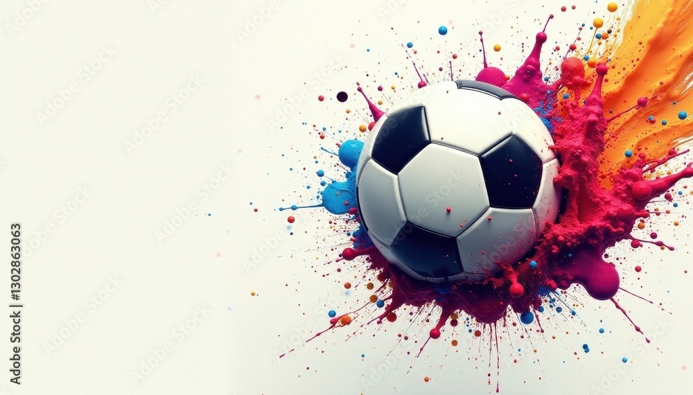 Fototapeta premium Soccer ball mid-flight, splashed with dynamic paint , art, splatter