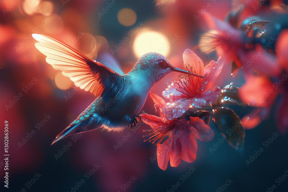 Obraz premium a painting of a hummingbird flying over a flower with a pink flower in the foreground and a green and red flower in the background