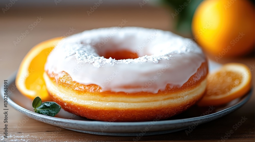 An exquisite donut topped with zesty orange glaze, beautifully presented with orange slices, ideal for a vibrant and uplifting dessert showcasing creativity. An exquisite donut topped with zesty orange glaze, beautifully presented with orange slices, ideal for a vibrant and uplifting dessert showcasing creativity.