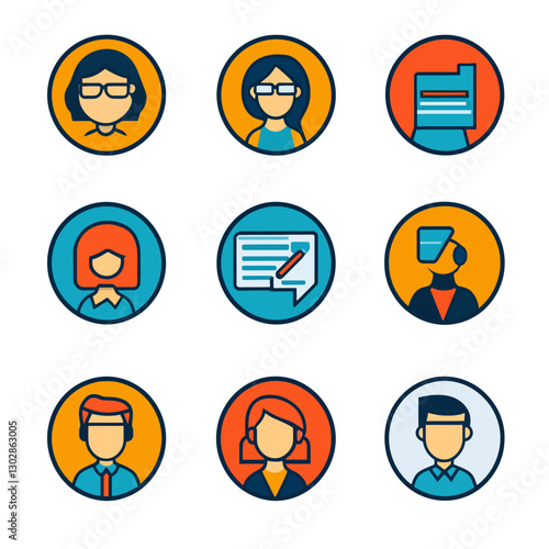 Business Team Avatar Icons Set: Diverse Professionals and Communication