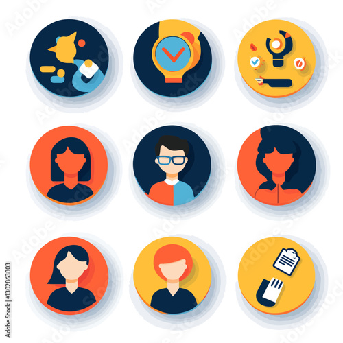 Abstract HR icons representing teamwork time management and profile review