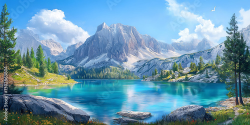 Scenic Painting of a Majestic Mountain with a Tranquil Lake in the Background