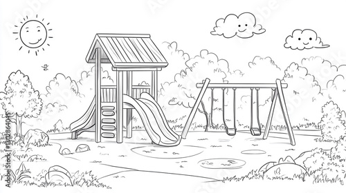 Kids Playground Illustration Swings Slide and Play Structure in a Sunny Park Setting