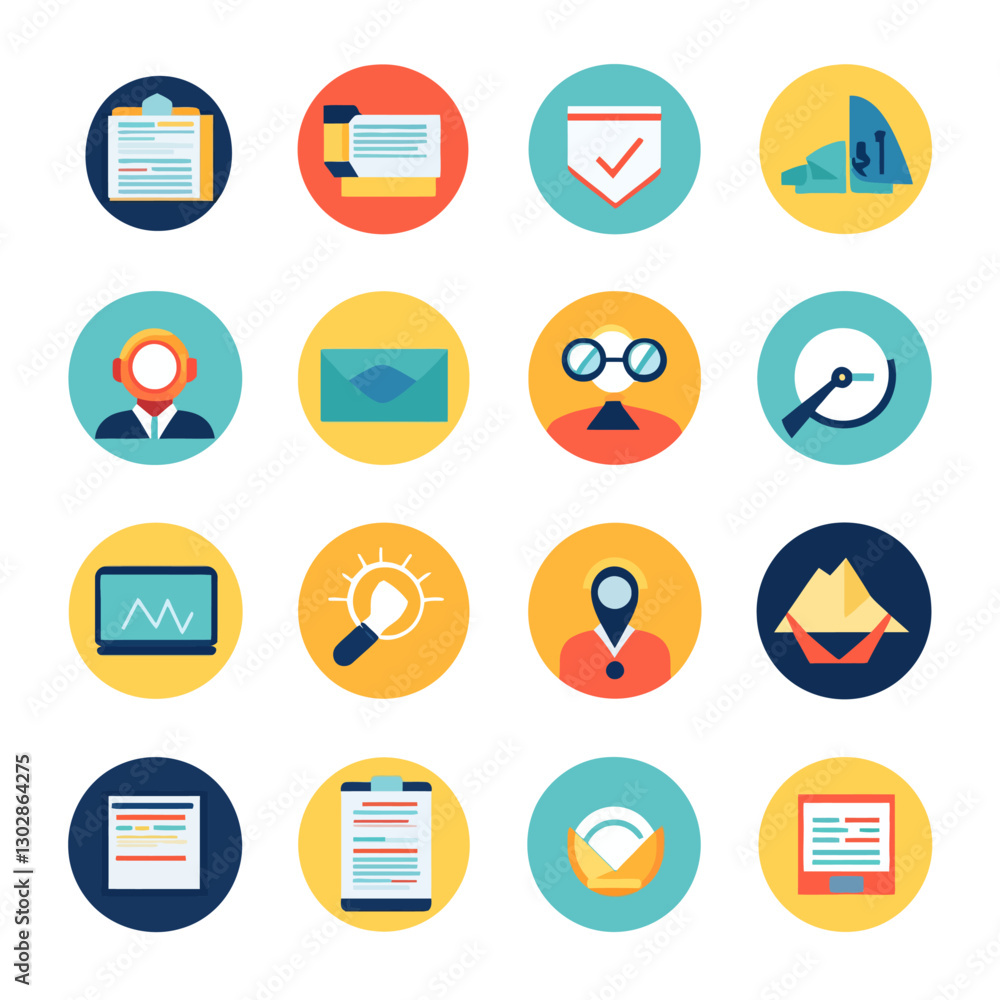 Colorful Flat Design Icon Set Illustrating Business and Technology Concepts Colorful Flat Design Icon Set Illustrating Business and Technology Concepts