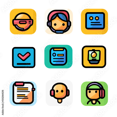 Customer Support Flat Icon Set with Headphones, Checklist, and VR Gear