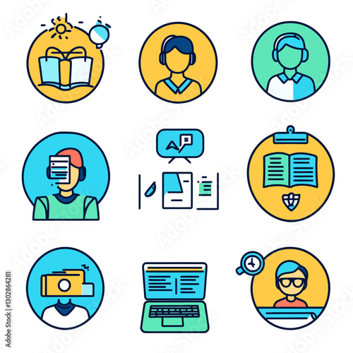 Online learning icons depicting education, translation, and research tools