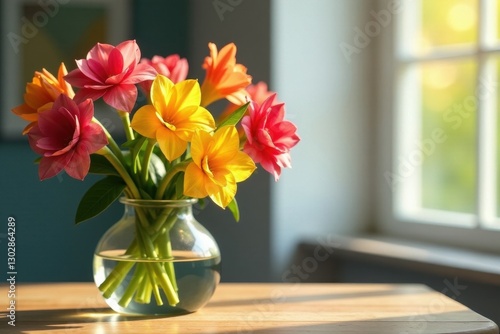 Wallpaper Mural Sunlit freesia arrangement in simple glass vase on wooden table , pink, tabletop, table Torontodigital.ca