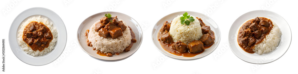 Savory beef rendang with steamed rice a flavorful culinary delight on a white plate long shot angle on a isolated transparent background Savory beef rendang with steamed rice a flavorful culinary delight on a white plate long shot angle on a isolated transparent background