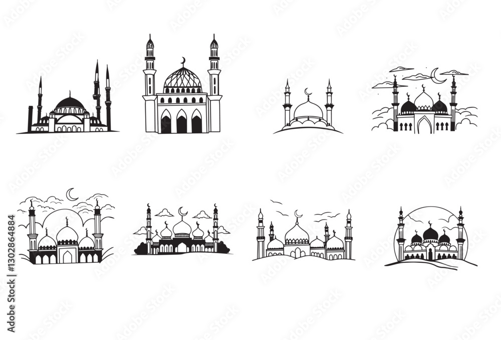 Fototapeta premium Mosques,Hand painted mosque vector silhouette.