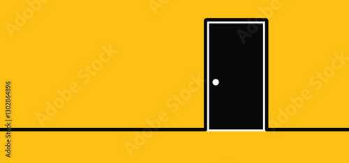 Cartoon open or close doors. Opened and closed wooden doors icon. Home or house entrance. Open door to room. Exit label concept. Push and Pull to open door. Doorknob with keyhole.