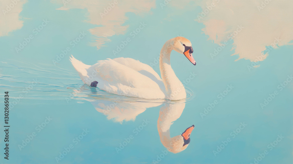 Fototapeta premium Graceful swan swimming elegantly in a tranquil lake reflecting sky