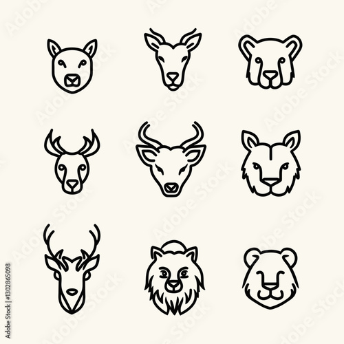 Animal Heads Icon Set: Deer, Boar, Bear, Buffalo, Lion, and Tiger