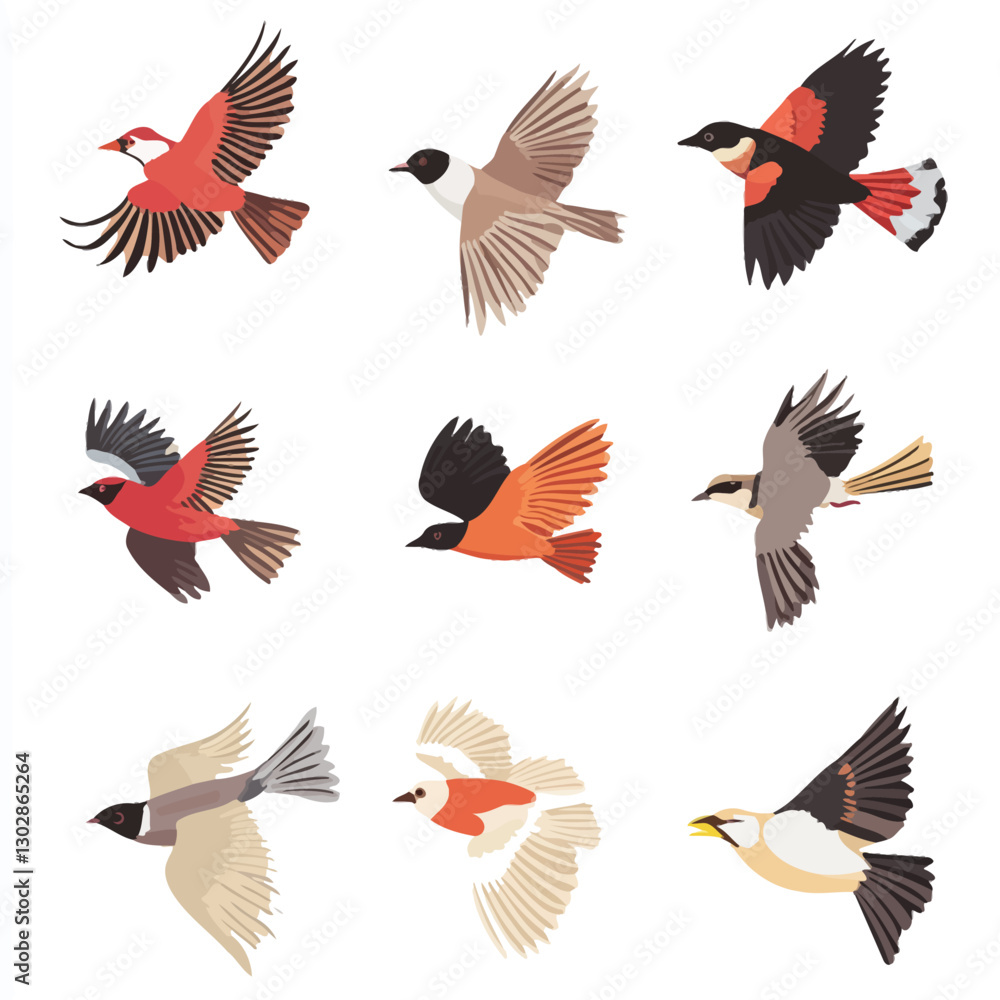 Obraz premium Assorted Birds Flying Illustration, Avian Wildlife Collection, Vector Art