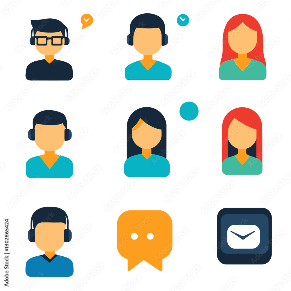 Team communication avatars with headphones and check marks, digital vector Team communication avatars with headphones and check marks, digital vector