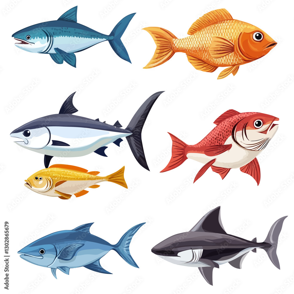 Naklejka premium Illustration of a Diverse Collection of Colorful Fish Species on White