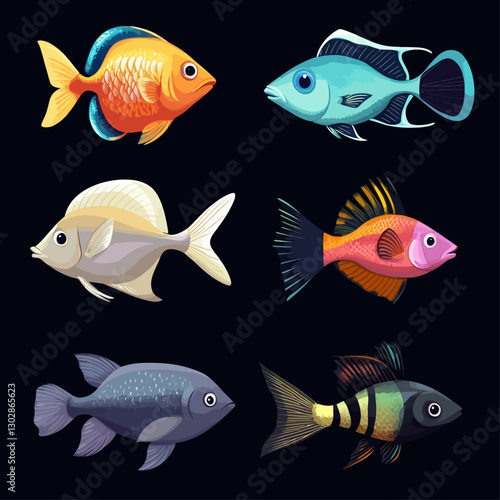 Colorful Diverse Fish Grouping Isolated on Black Background Graphic Elements