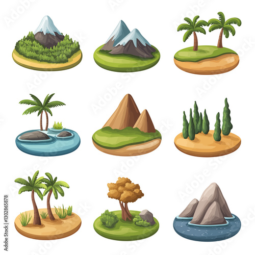 Cartoon isometric islands with trees and mountains for game design assets