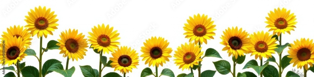 Obraz premium Vibrant yellow sunflowers in full bloom, isolated on white , vector, leaves, agriculture