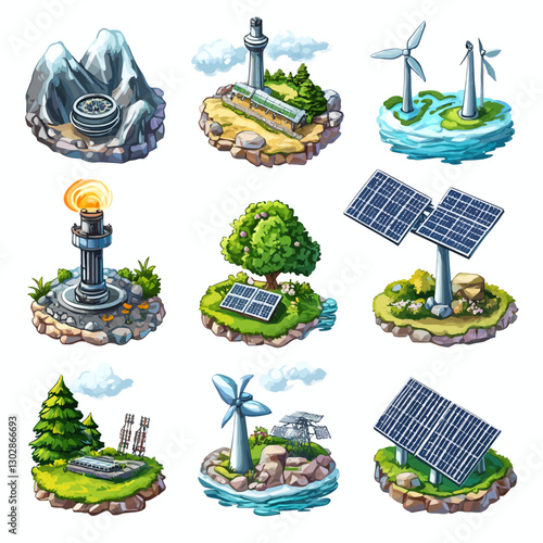 Renewable energy sources featuring solar, wind, hydroelectric and geothermal