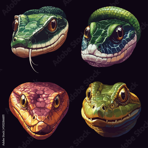 Four Snake Heads with Detailed Scales, Reptilian Eyes, and Vivid Colors