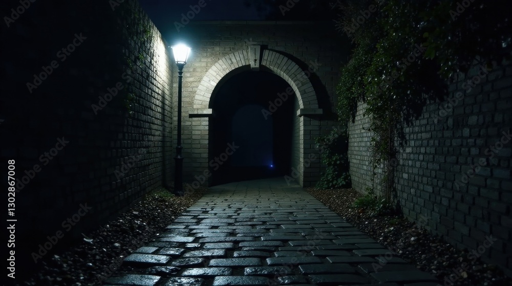 Fototapeta premium A solitary lamp illuminates a mysterious cobblestone path leading through a dark brick archway at night