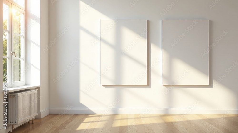 Sunlight Illuminates Empty Room with Two Blank Canvases Ready for Artistic Expression Sunlight Illuminates Empty Room with Two Blank Canvases Ready for Artistic Expression