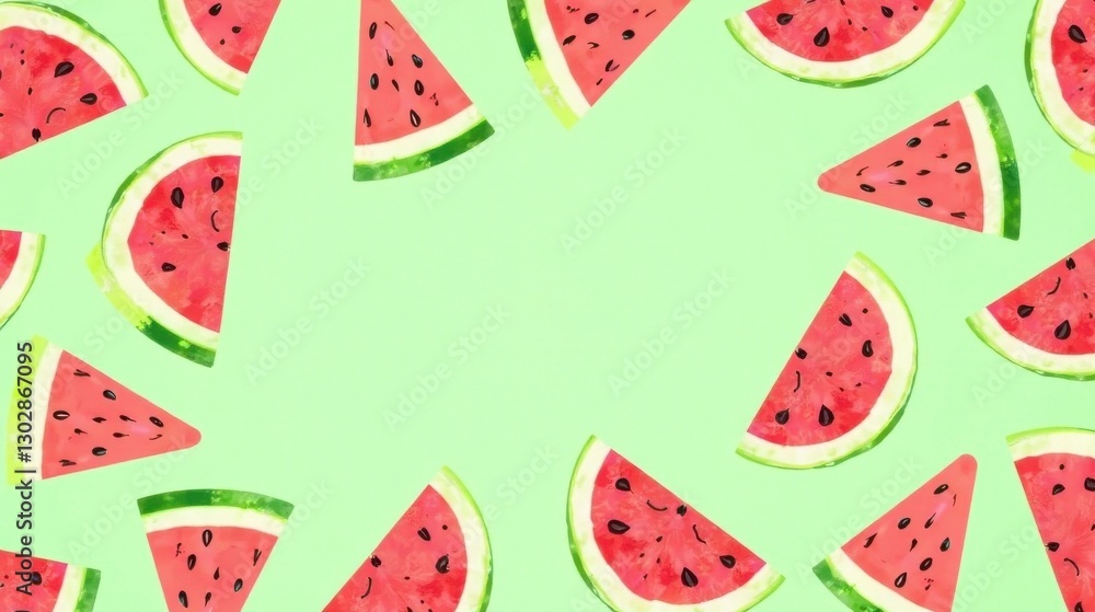 Refreshing Summer Watermelon Slices Arranged on a Light Green Background, Ideal for Seasonal Designs and Projects Refreshing Summer Watermelon Slices Arranged on a Light Green Background, Ideal for Seasonal Designs and Projects