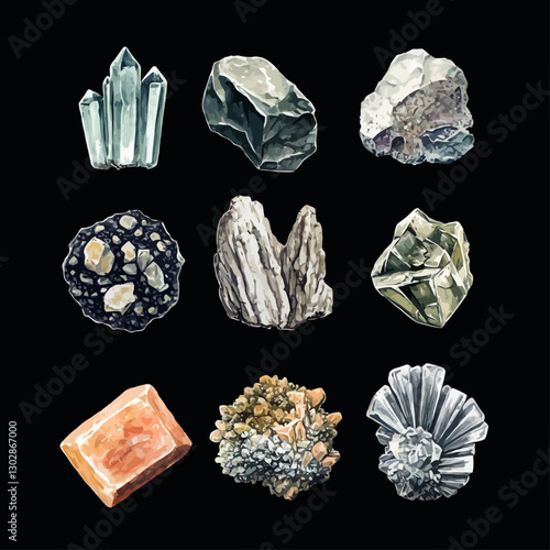 Watercolor Painting of Mineral Collection Displayed on a Black Background