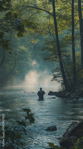 A lone fisherman wades in a misty river, casting a line in the tranquil water. The dense forest creates a serene and secluded atmosphere.
