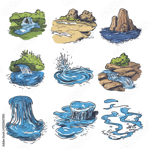 Hand Drawn Water Landscapes River Waterfall Set - Vector Illustration