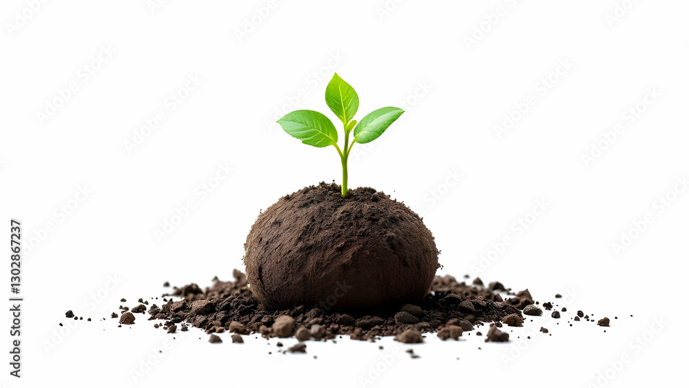 Small soil ball with green sprout isolated on white, symbolizing sustainability and growth Small soil ball with green sprout isolated on white, symbolizing sustainability and growth