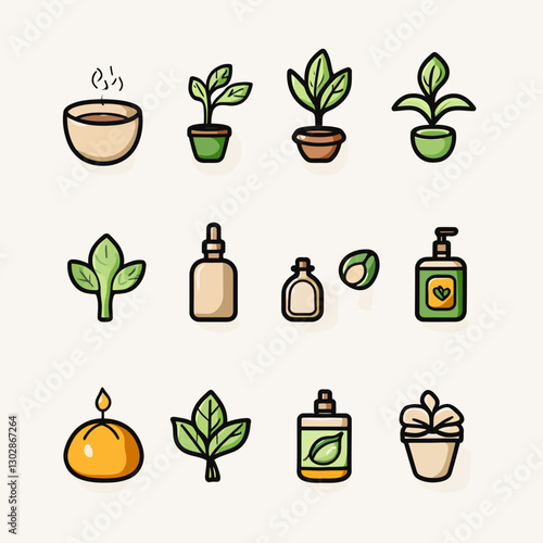 Spa and wellness icons, beauty care products, aromatherapy, and plants